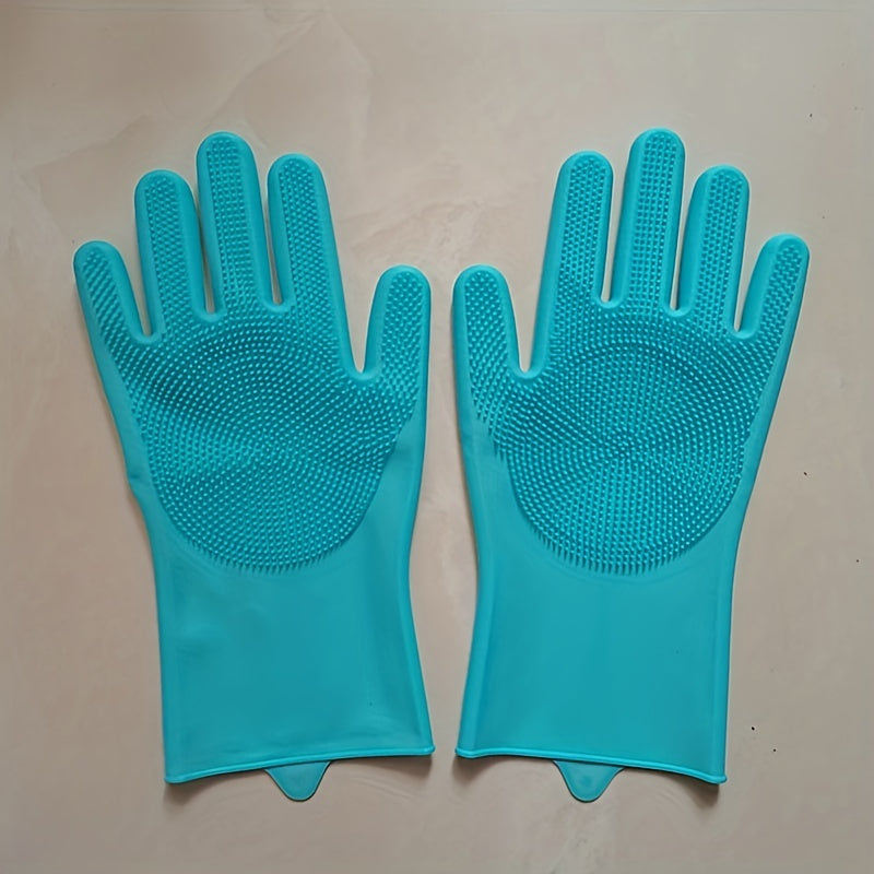 1pair Kitchen Silicone Dishwashing Gloves, Housework Cleaning Waterproof Insulation Magic Gloves, Dishwashing Brush