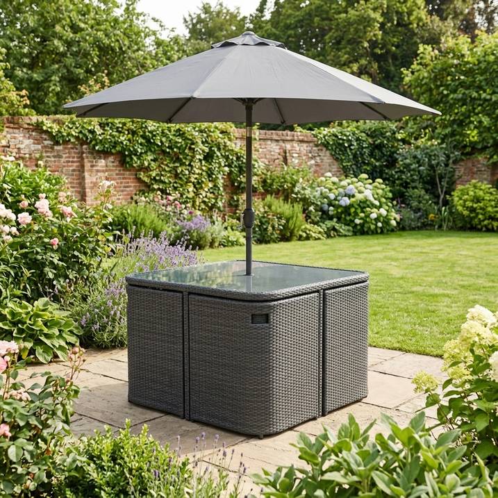 Luxury 4 Seater Grey Rattan Cube Garden Dining Set with Matching Parasol – Space Saving Outdoor Patio Furniture