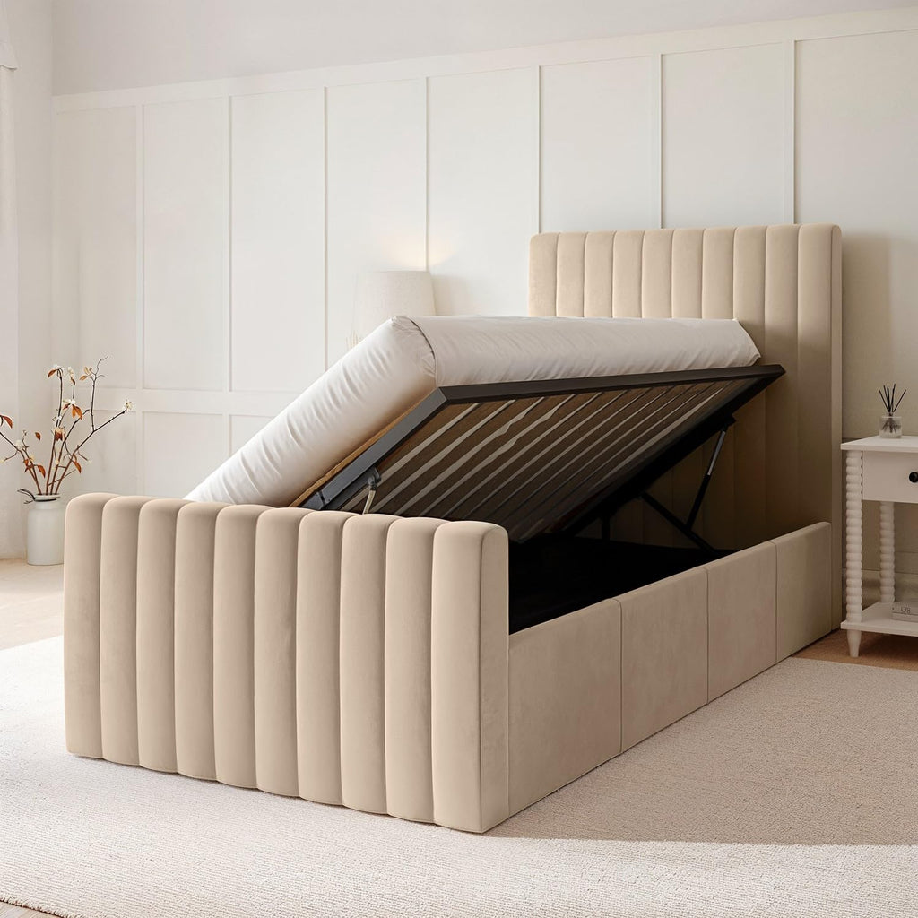 Velvet Ottoman Bed with Storage in Pink Grey or Beige Side Lift Gas Frame with Headboard Mattress Option Available for Double or Single Bedrooms
