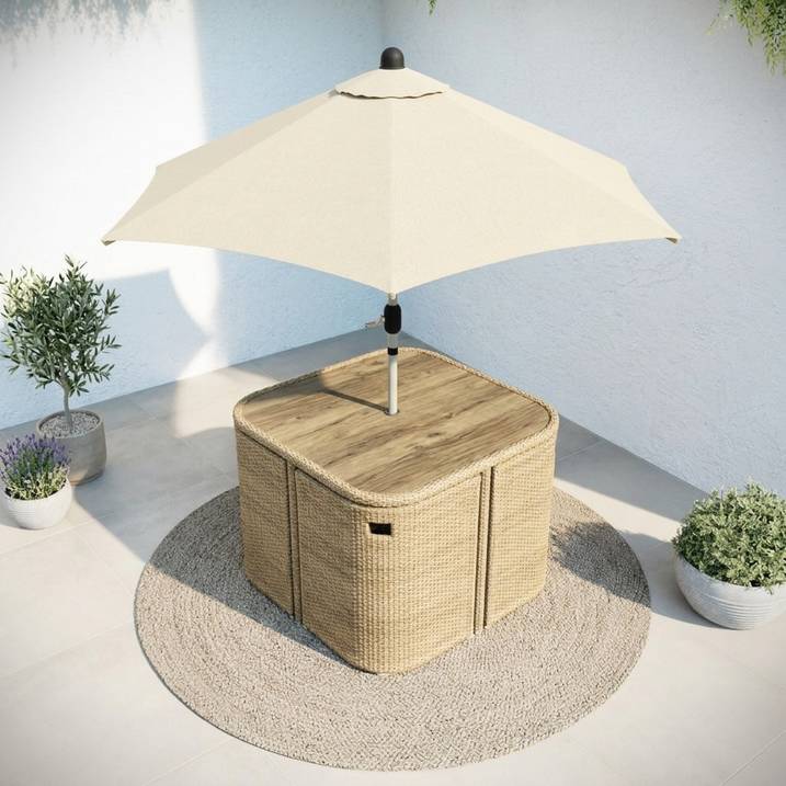 Luxury 4 Seater Beige Rattan Cube Garden Dining Set with Matching Parasol – Space Saving Outdoor