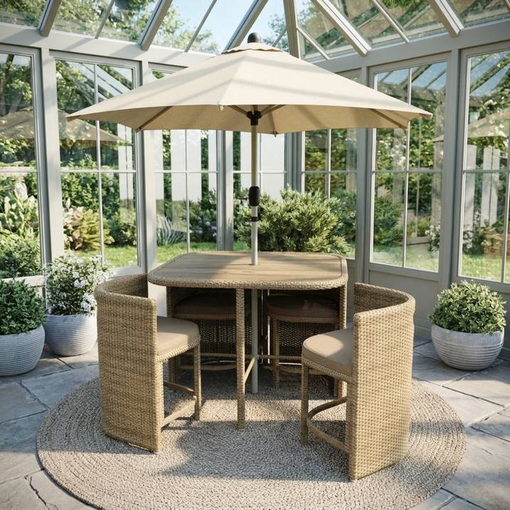Luxury 4 Seater Beige Rattan Cube Garden Dining Set with Matching Parasol – Space Saving Outdoor