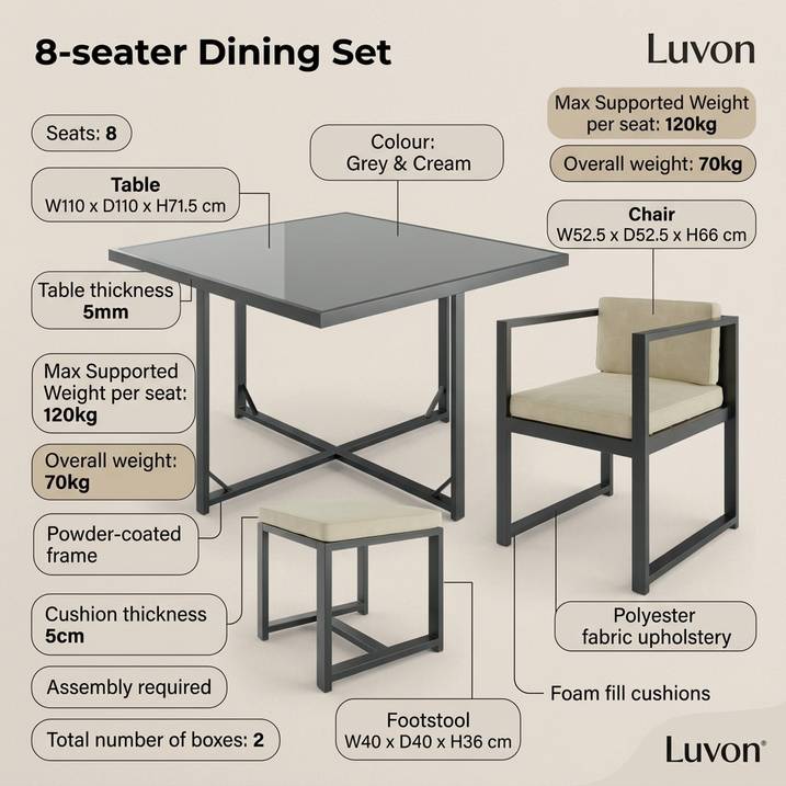 Luxury 8 Seater Grey Metal Cube Garden Dining Set with Cream Chairs – Modern Outdoor Patio Furniture