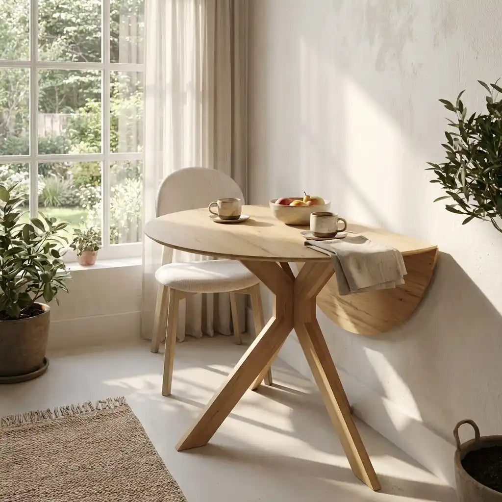 Round Oak Drop Leaf Dining Table Set with 2 Cream Upholstered Chairs – Space-Saving 2 Seater Dining Set