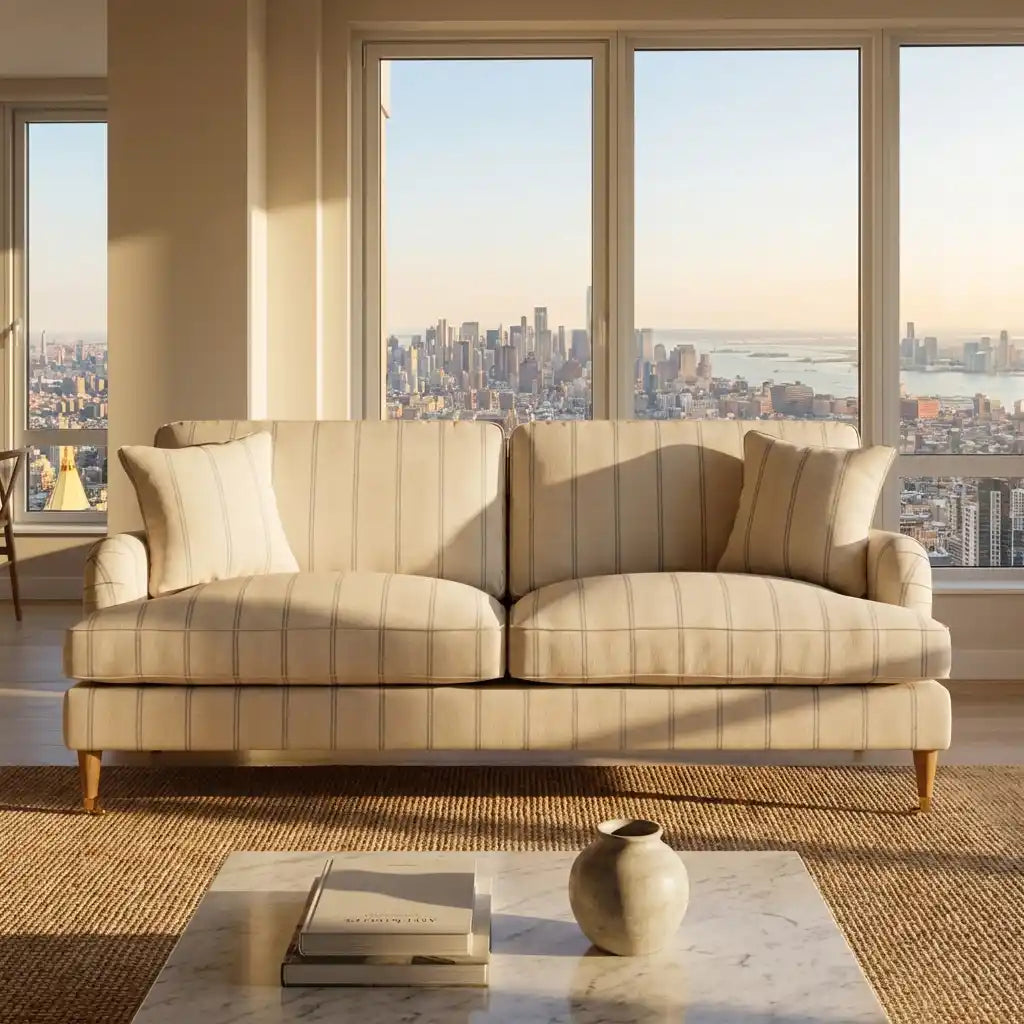 Cream Chenille 3 Seater Sofa with Blue Striped Cushions – Modern Living Room Sofa