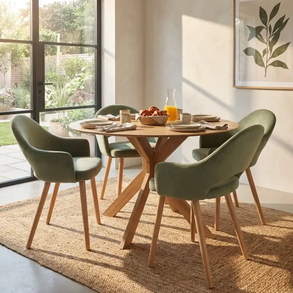 Carson Round Oak Drop Leaf Dining Table Set with 4 Sage Green Velvet Chairs – Space-Saving 4 Seater Dining Set