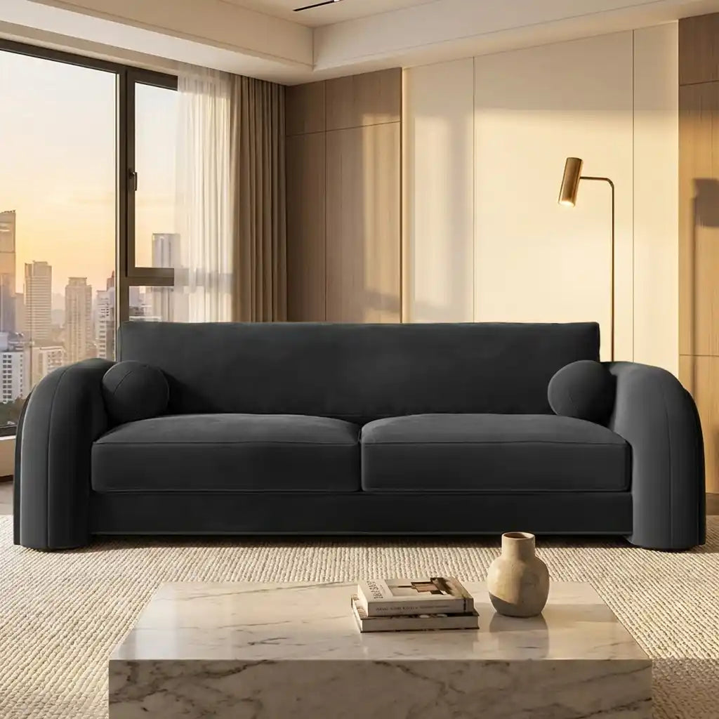 Dark Grey Velvet Curved 3 Seater Sofa –  Modern Designer Sofa for Living Room