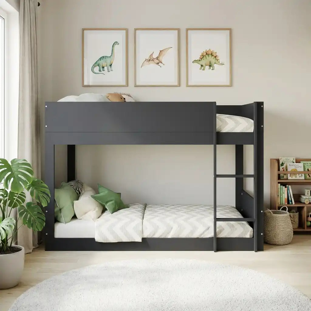 Low Wooden Bunk Bed for Kids in White Oak or Dark Grey Mattress Option Available Reversible Ladder and Guard Rails Standard Single Size (Dark Grey)