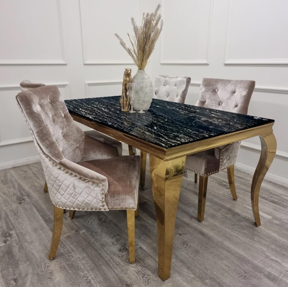 1.8m Marble Top Dining Table with 4 or 6 Bentley Beige & Gold Chairs – Luxury Black & Gold Dining Set – Modern Lion Knocker Chairs