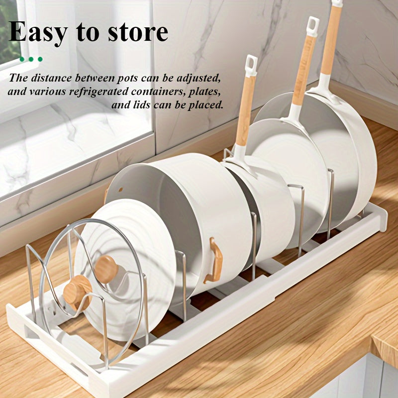 [1pc Adjustable Pot Organizer Rack] 1pc Expandable Stainless Steel Pot Organizer Rack with Adjustable Dividers, Uncharged Multi-Purpose Kitchen Cabinet Cookware Storage Solution for Pots and Pans Organization