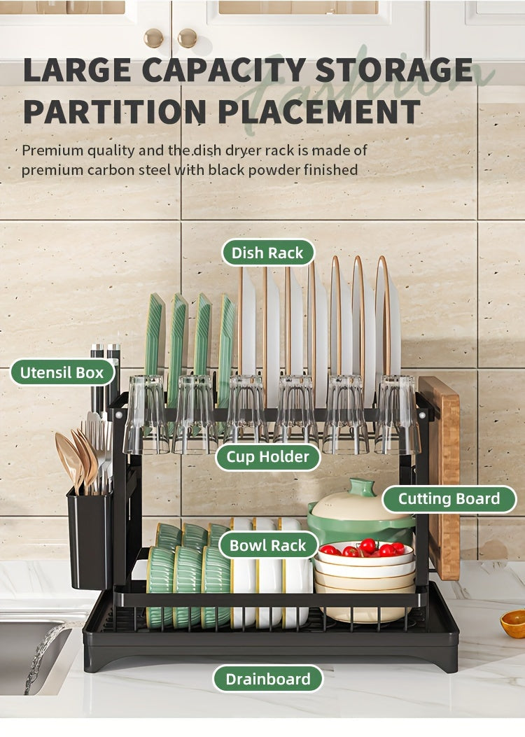 1pc Dish Rack, Double Layers Space-saving Dish Drying Rack With Drainboard And Utensil Holders, Multifunctional Large Capacity Dish Storage Organizer, For Kitchen Counter, Kitchen Organizers And Storage, Kitchen Accessories
