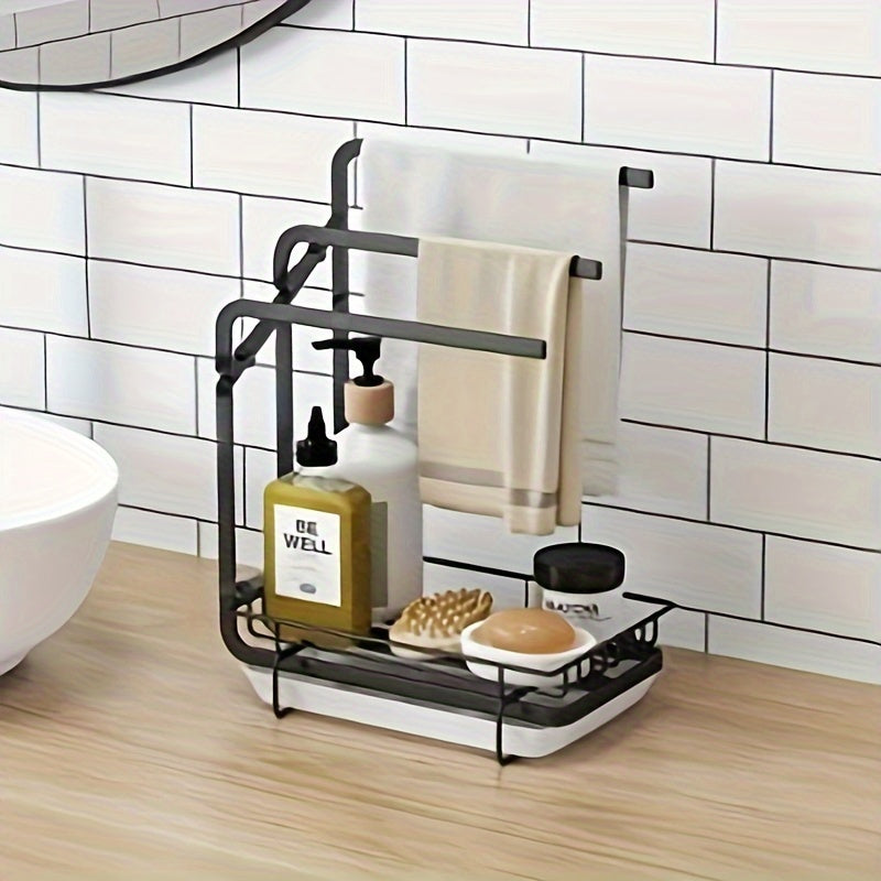 1 sink rack kitchen sponge rack, kitchen sink countertop rag holder tray, soap dispenser brush drain rack storage rack with removable drain tray