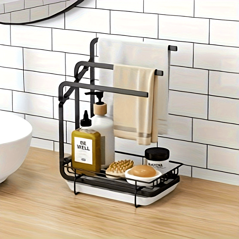 1 sink rack kitchen sponge rack, kitchen sink countertop rag holder tray, soap dispenser brush drain rack storage rack with removable drain tray