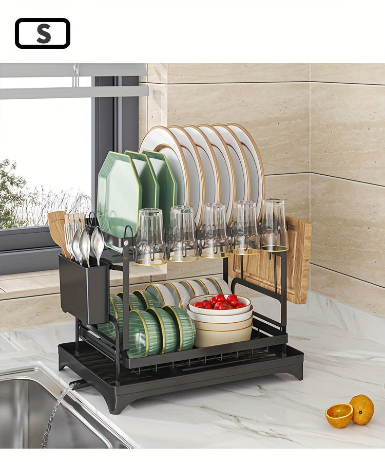 1pc Dish Rack, Double Layers Space-saving Dish Drying Rack With Drainboard And Utensil Holders, Multifunctional Large Capacity Dish Storage Organizer, For Kitchen Counter, Kitchen Organizers And Storage, Kitchen Accessories