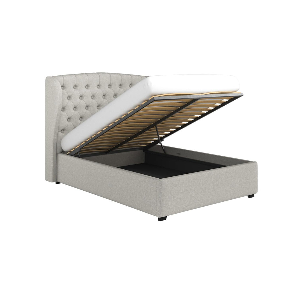 Safina Winged Ottoman Bed with Storage and Buttoned Headboard in Velvet or Fabric Mattress Option Available