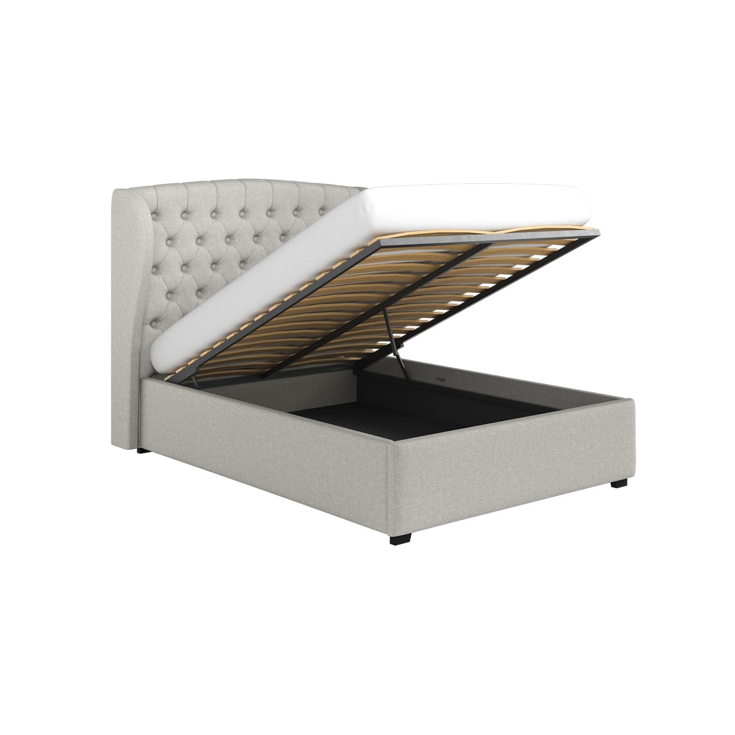 Safina Winged Ottoman Bed with Storage and Buttoned Headboard in Velvet or Fabric Mattress Option Available