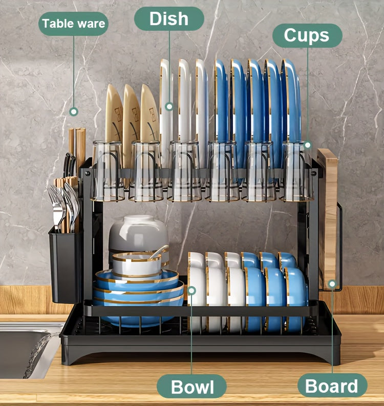 1pc Large Capacity 2-Tier Dish Drying Rack with Drainboard, Double-Layer Bowl & Cup Rack, Detachable Over The Sink Organizer for Kitchen Counter, Black & White - Ideal for Plates, Bowls, Cups & Cutlery Storage, Dish Drying Ra