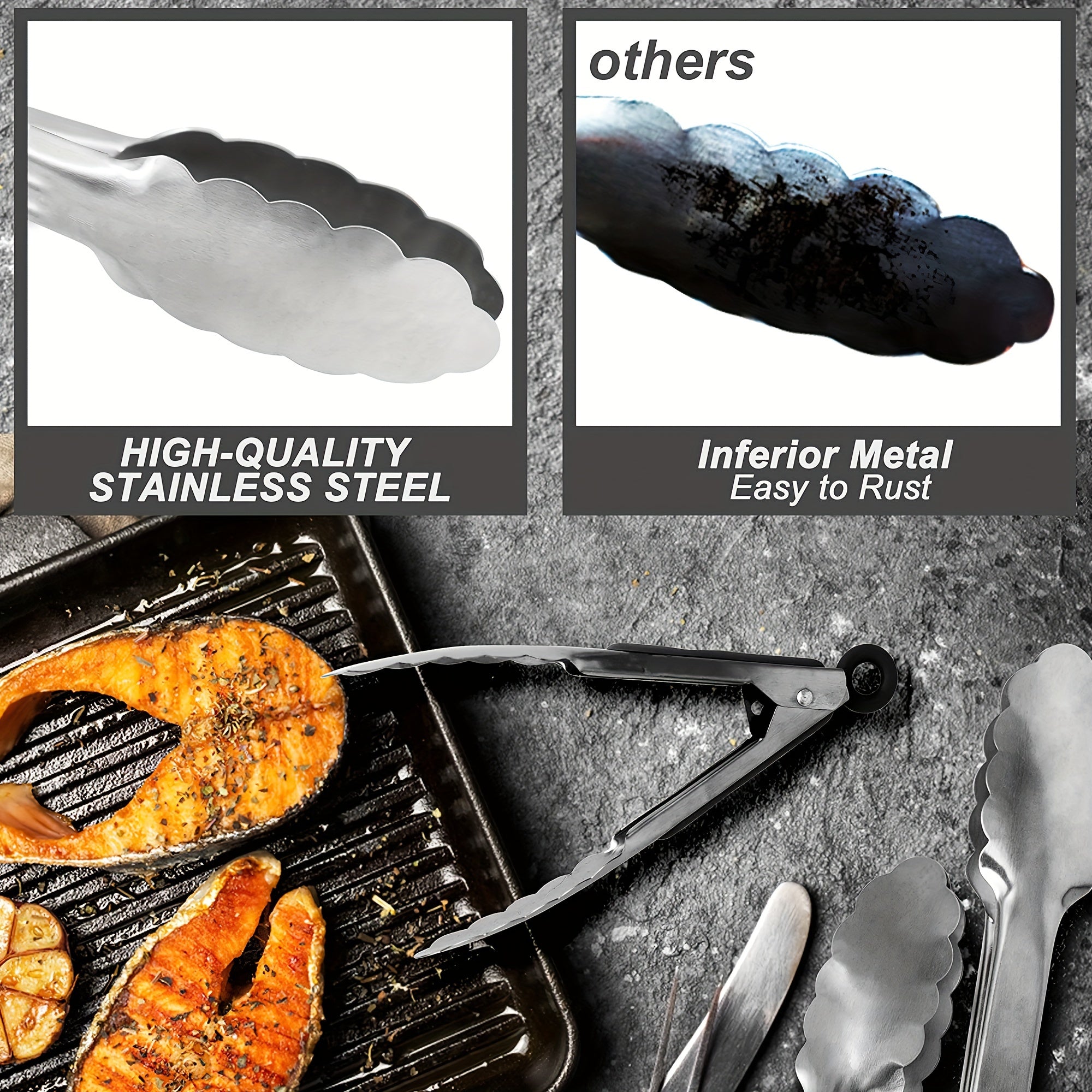 [Stainless Steel Locking Tongs] 3pcs Heavy Duty Stainless Steel Locking Tong Set with Long Handle & Non-Slip Silicone Grip - Heat-Resistant up to 480°F, Ergonomic Design for Cooking, Baking, Grilling - Durable Kitchen Utensi
