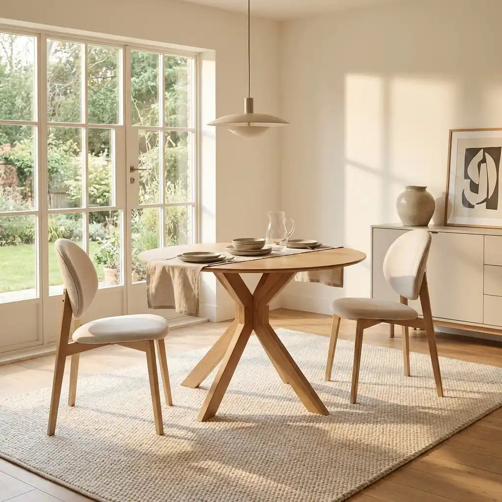 Round Oak Drop Leaf Dining Table Set with 2 Cream Upholstered Chairs – Space-Saving 2 Seater Dining Set