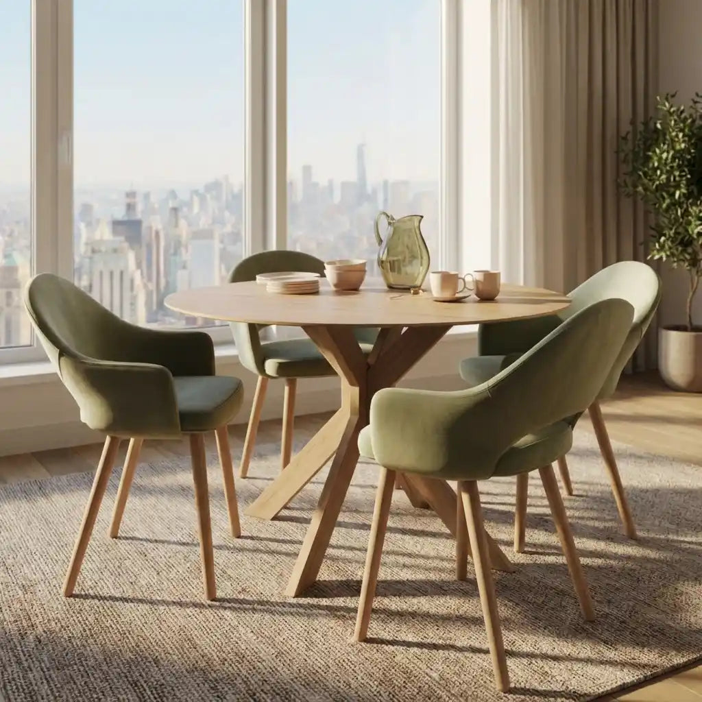 Carson Round Oak Drop Leaf Dining Table Set with 4 Sage Green Velvet Chairs – Space-Saving 4 Seater Dining Set