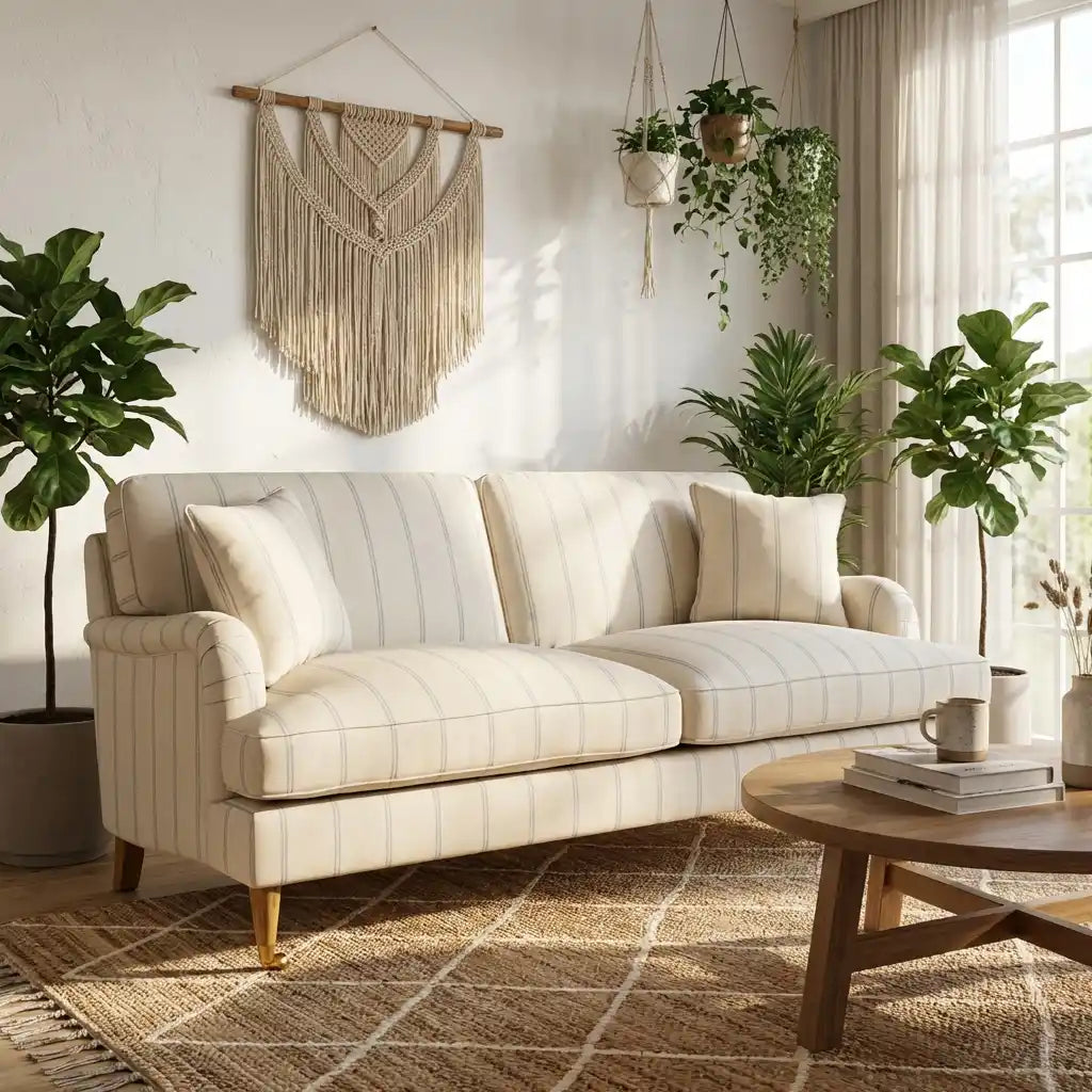 Cream Chenille 3 Seater Sofa with Blue Striped Cushions – Modern Living Room Sofa