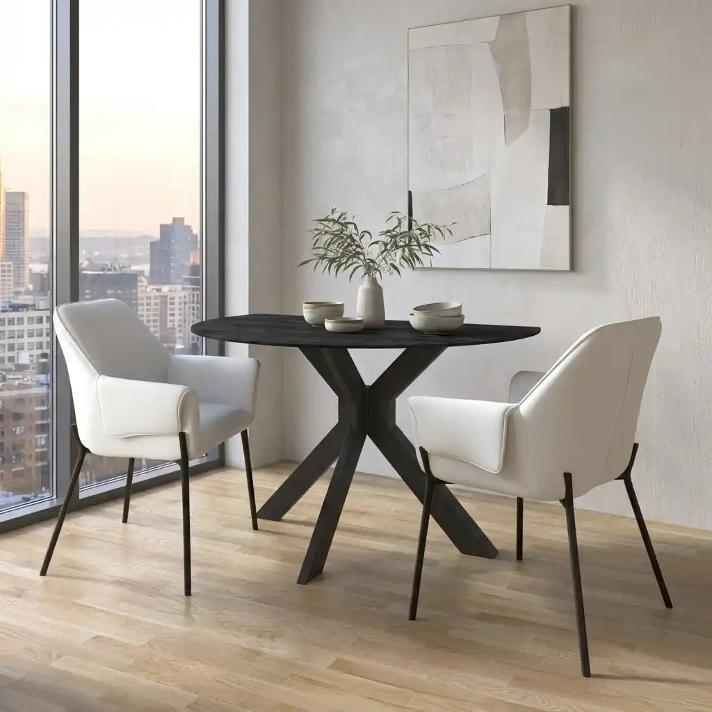 Round Black Oak Drop-Leaf Dining Table Set with 2 Cream Upholstered Chairs – Space-Saving Extendable Folding Table & Fabric Chairs for Kitchen or Dining Room