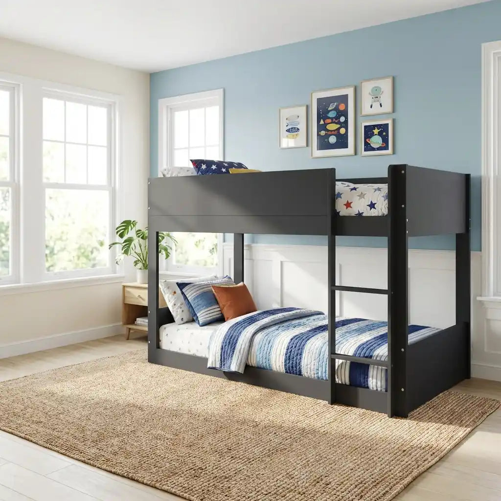 Low Wooden Bunk Bed for Kids in White Oak or Dark Grey Mattress Option Available Reversible Ladder and Guard Rails Standard Single Size (Dark Grey)