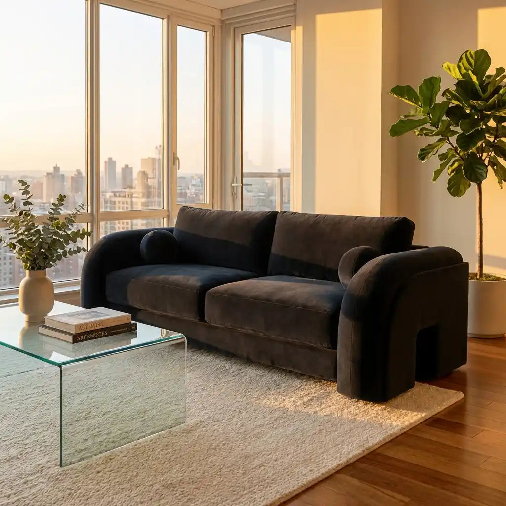Dark Grey Velvet Curved 3 Seater Sofa –  Modern Designer Sofa for Living Room