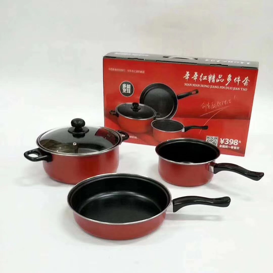 Red 3-Piece Non-Stick Cookware Set ? Milk Pot, Soup Pot & Frying Pan with Custom Logo Option