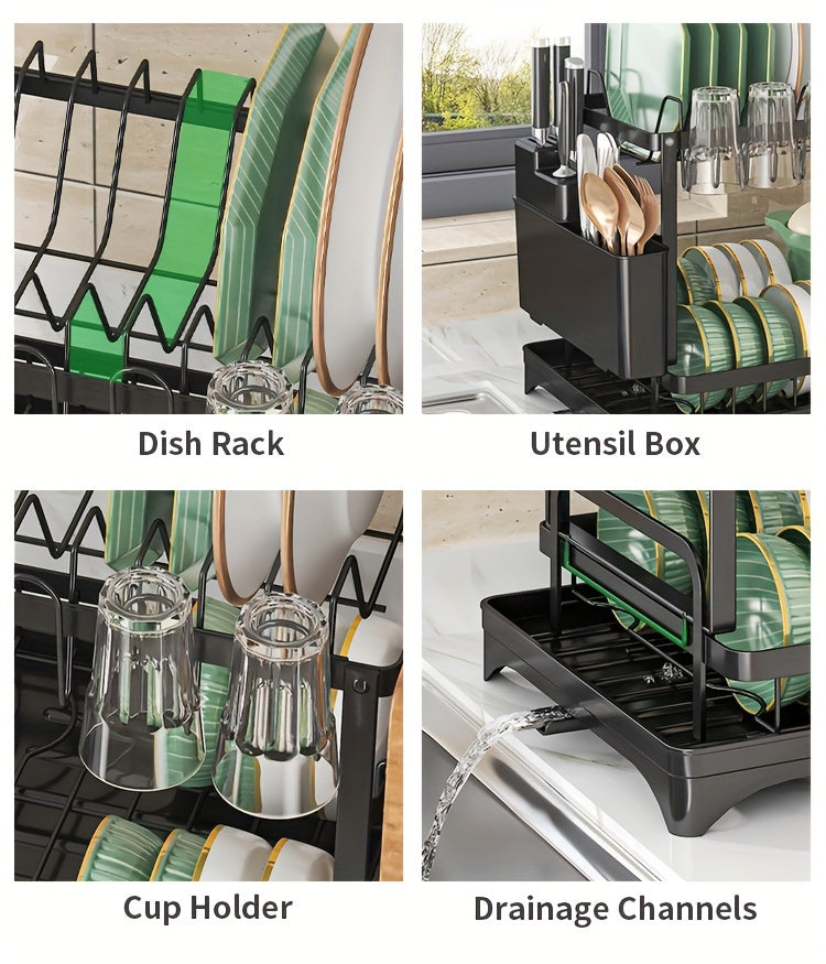 1pc Dish Rack, Double Layers Space-saving Dish Drying Rack With Drainboard And Utensil Holders, Multifunctional Large Capacity Dish Storage Organizer, For Kitchen Counter, Kitchen Organizers And Storage, Kitchen Accessories