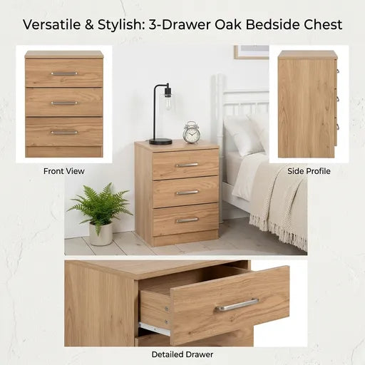 Dakota 3 Drawer Bedside Table – Modern Oak Effect