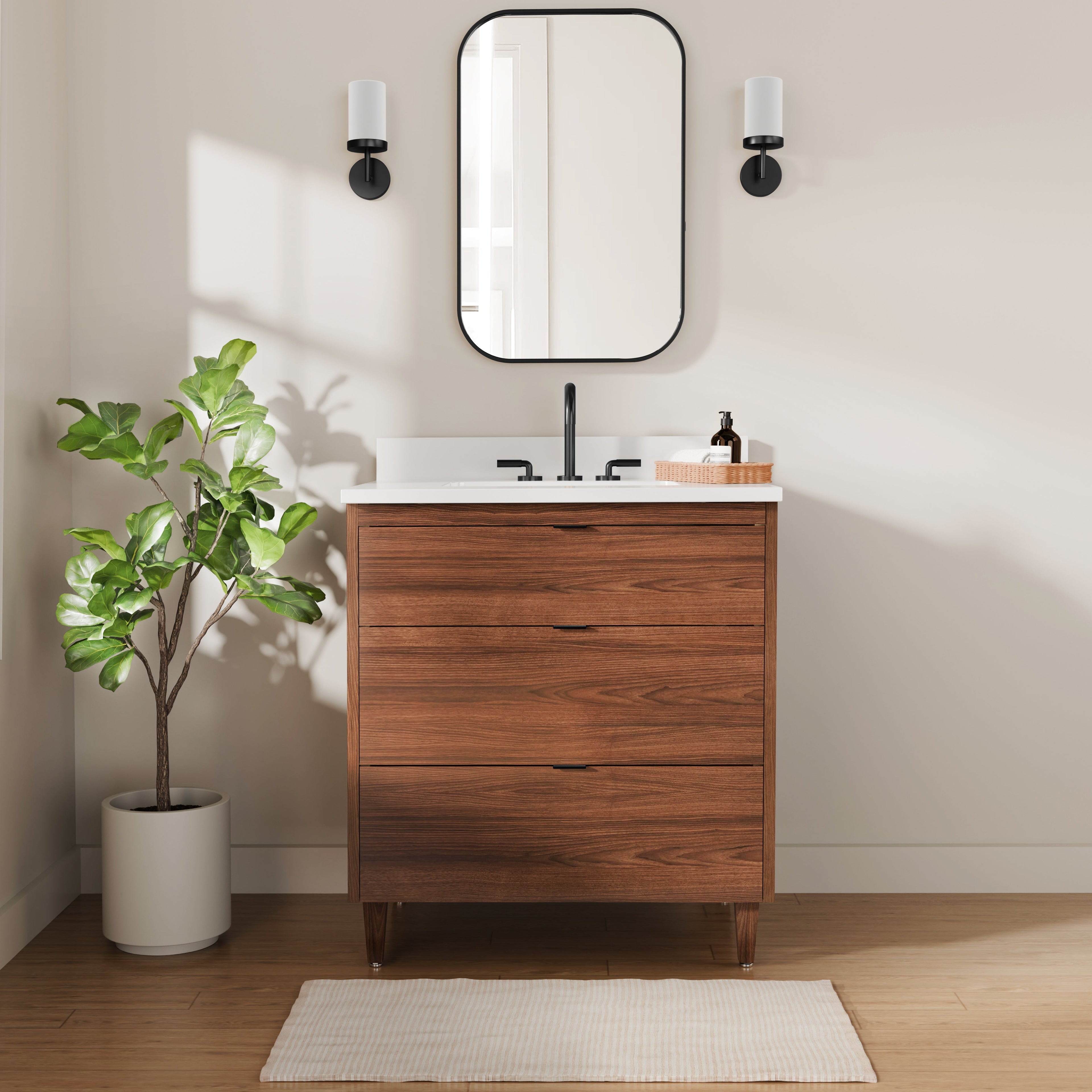 Rowan 30" Black Walnut Vanity with Quartz Countertop - 3 Drawers