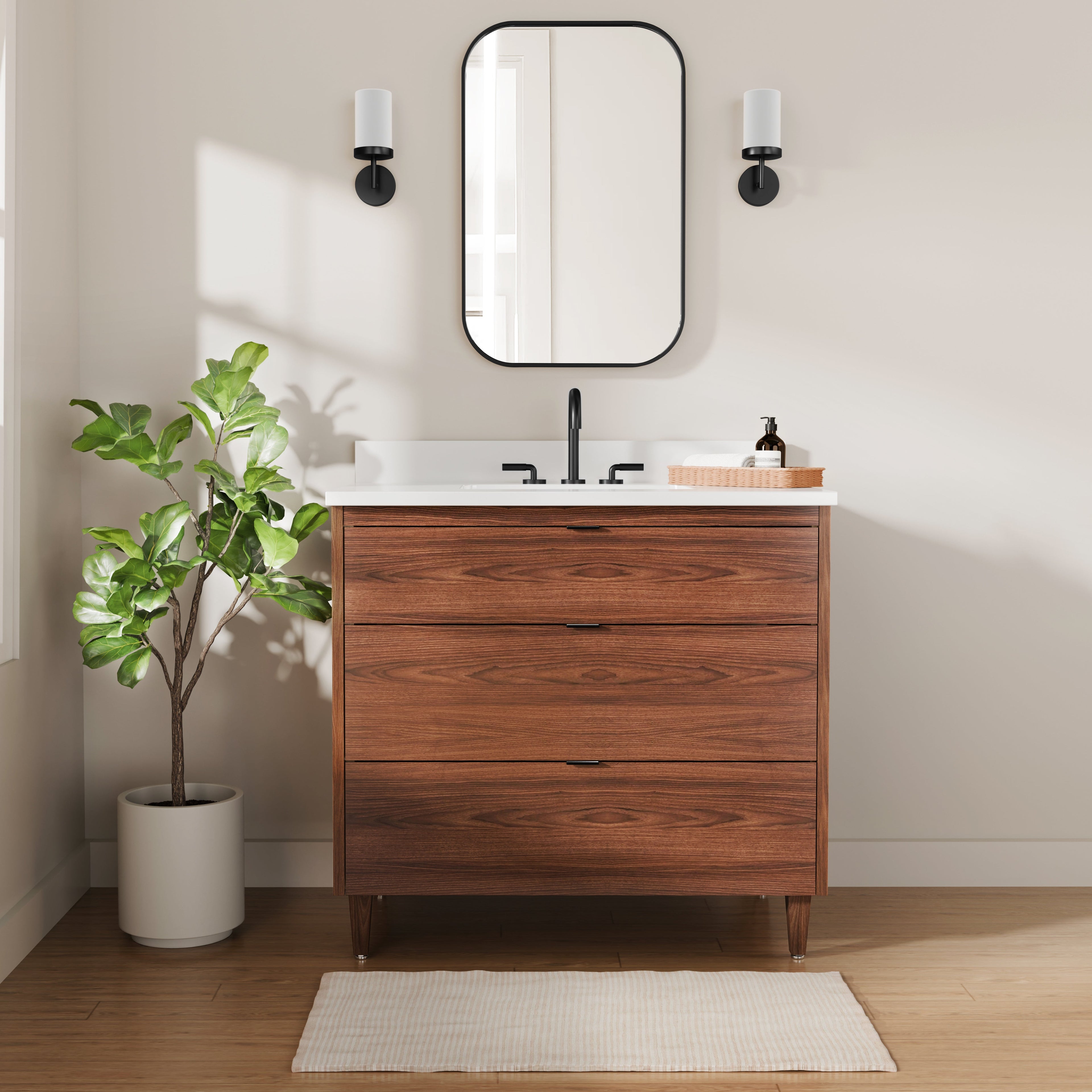 Rowan 36"  Black Walnut Vanity with Quartz Countertop - 3 Drawers