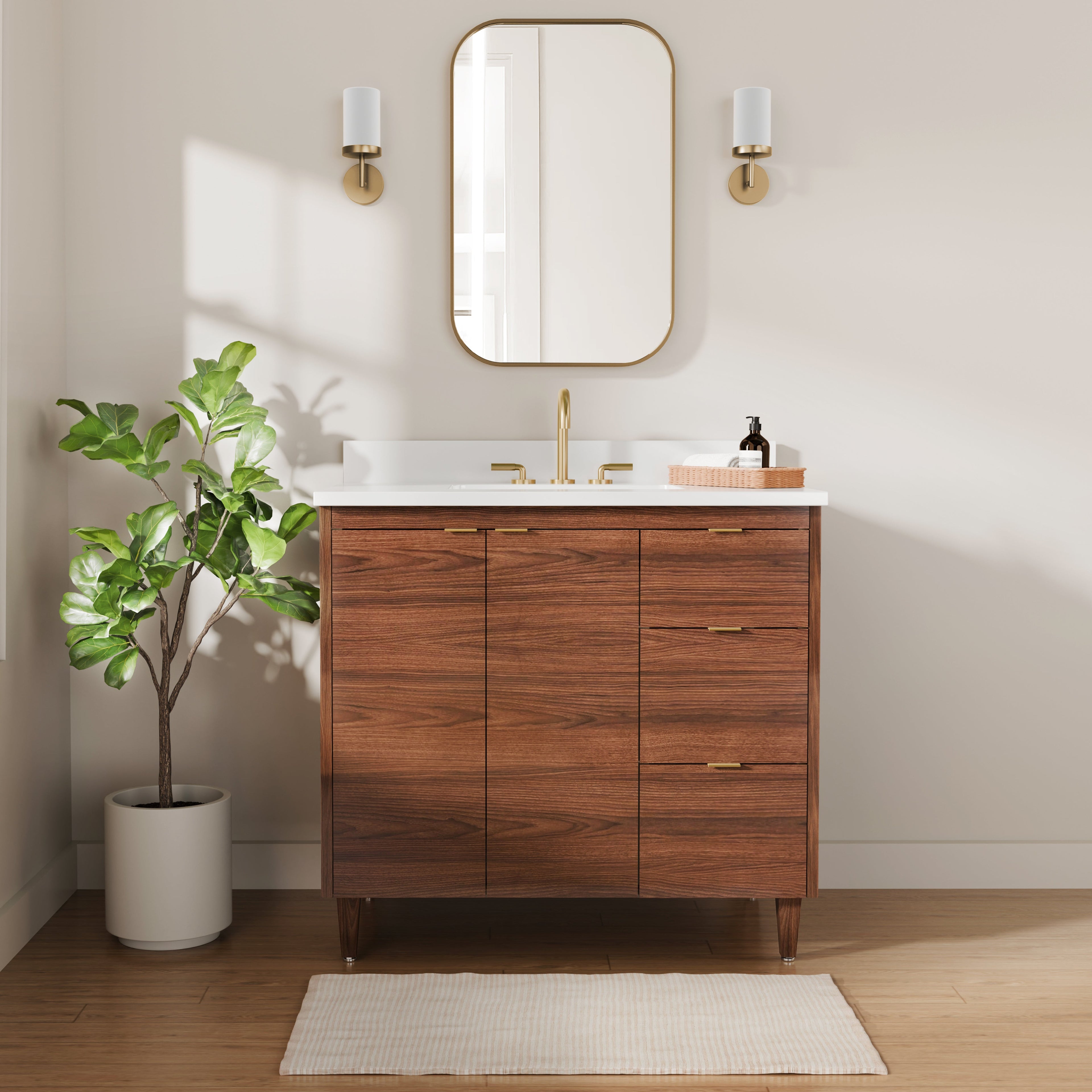 Rowan 36" Black Walnut Vanity with Quartz Countertop - 2 Doors and 3 Drawers