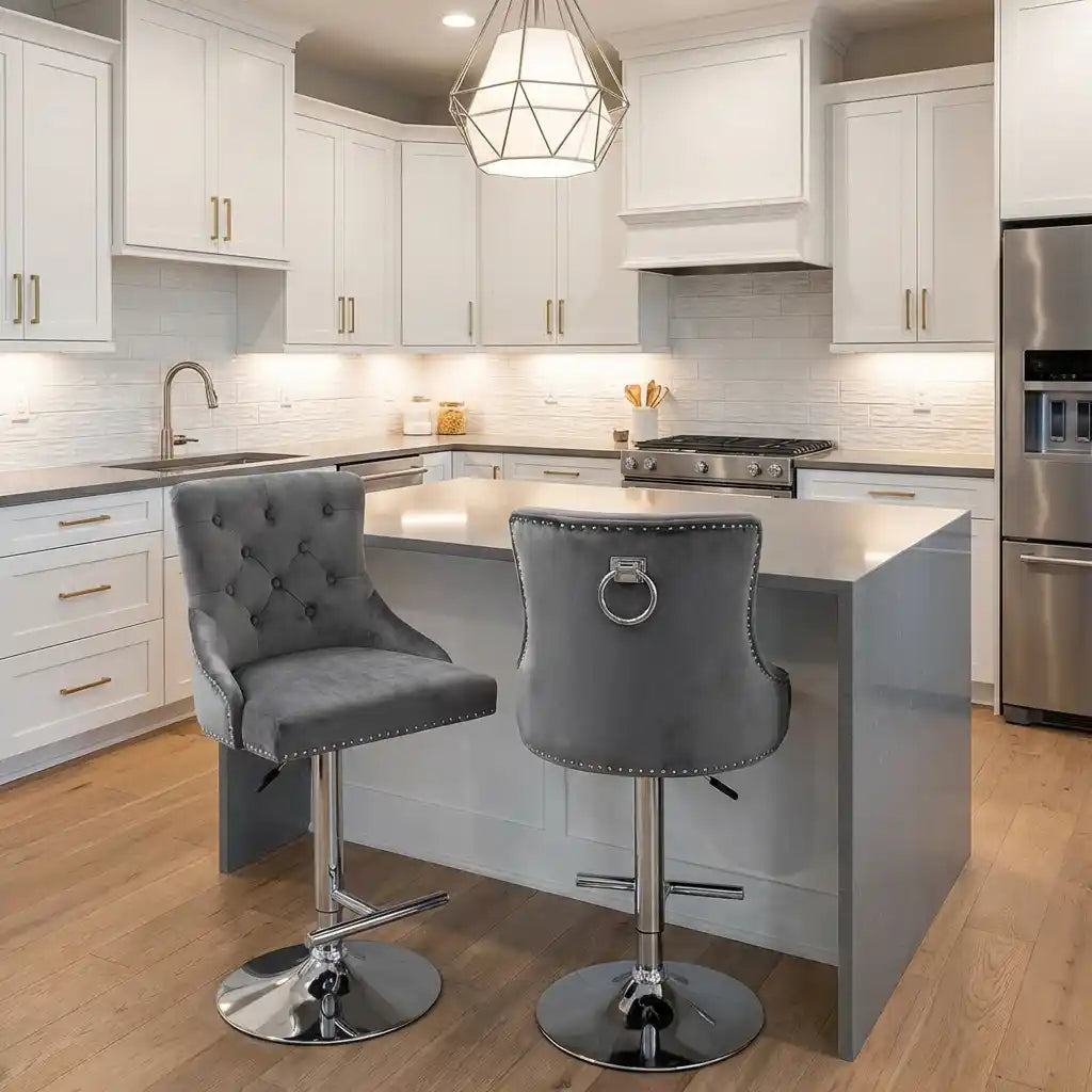 Chelsea Dark Grey Velvet Bar Stool with Chrome Base – Kitchen Breakfast Bar Stool with Lion Head or Ring Knocker Back Pair of 2 (Ring Knocker)