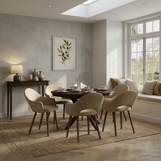 Walnut Extendable Dining Set with 4and 6 Beige Chairs in faux leather