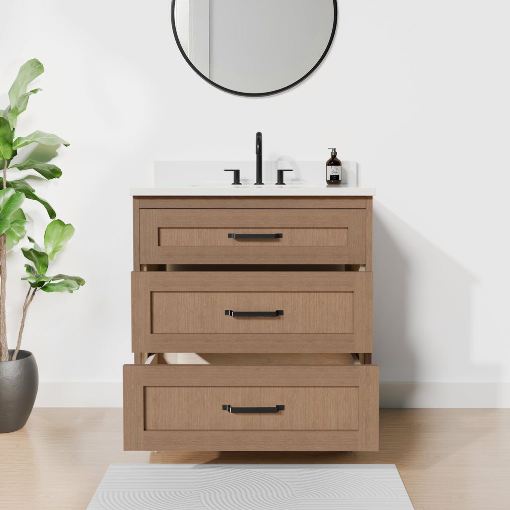 Arlo 30" Solid Wood Vanity with Quartz Countertop - 3 Drawers