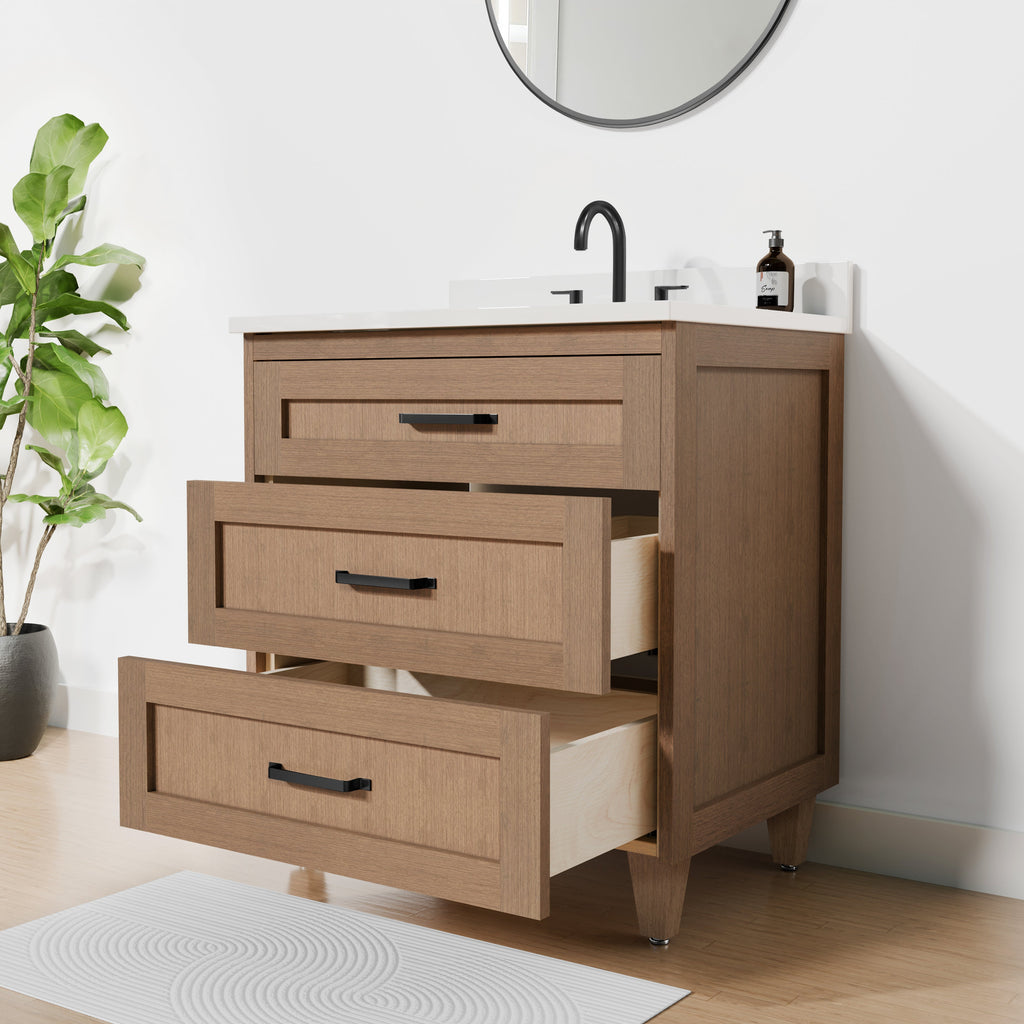 Arlo 30" Solid Wood Vanity with Quartz Countertop - 3 Drawers