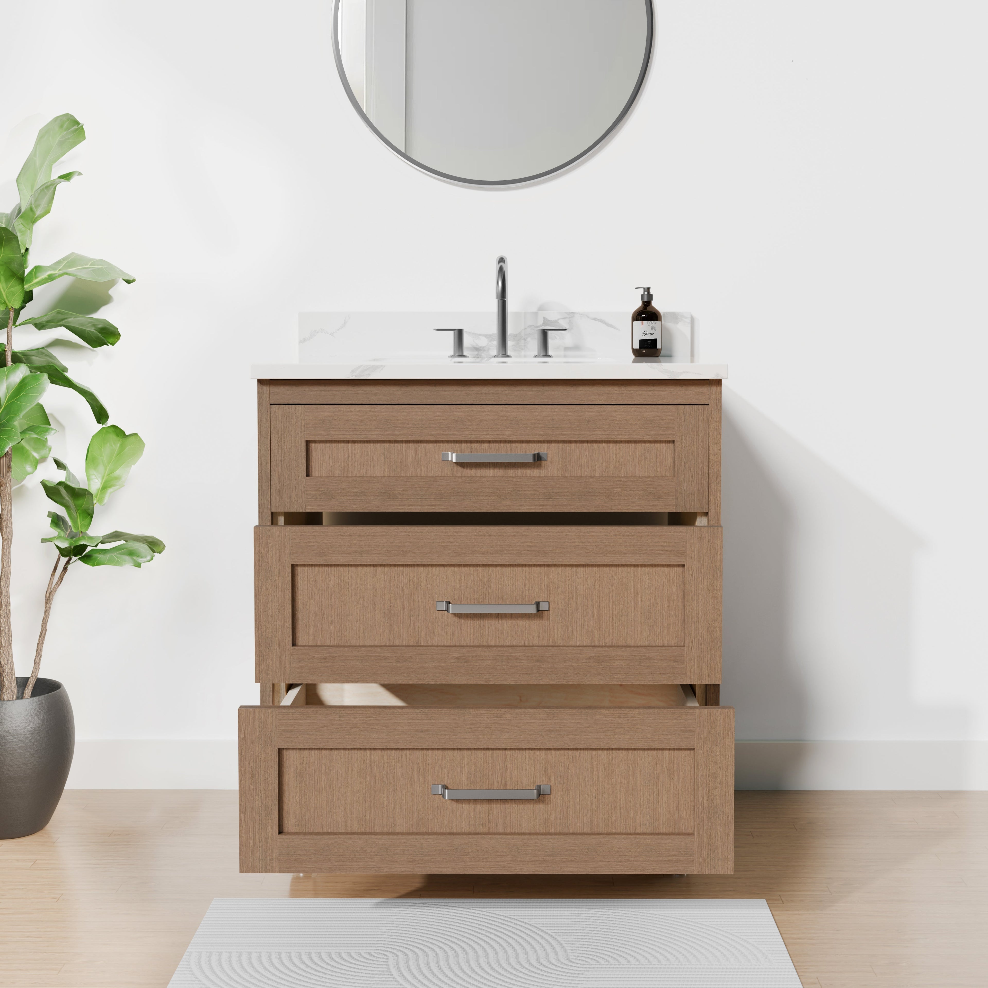 Arlo 30" Solid Wood Vanity with Quartz Countertop - 3 Drawers