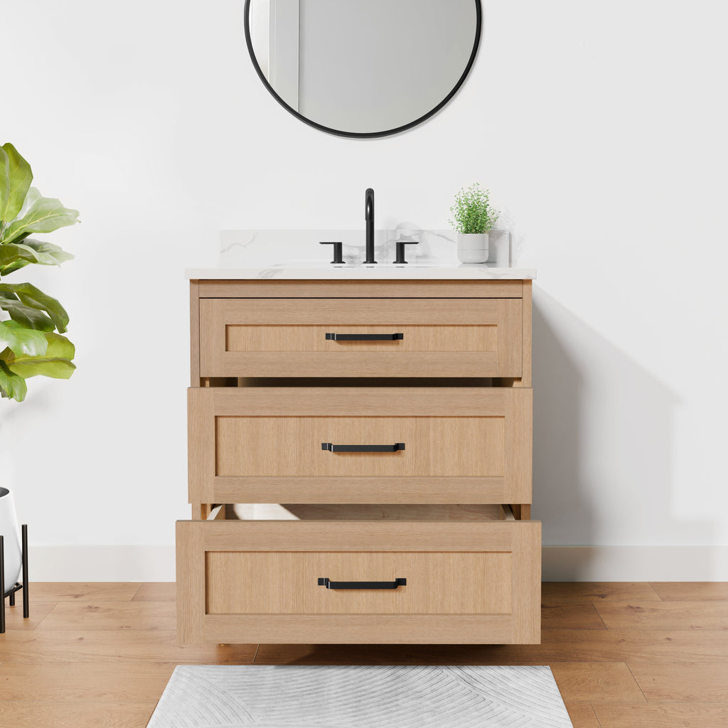 Arlo 30" Solid Wood Vanity with Quartz Countertop - 3 Drawers