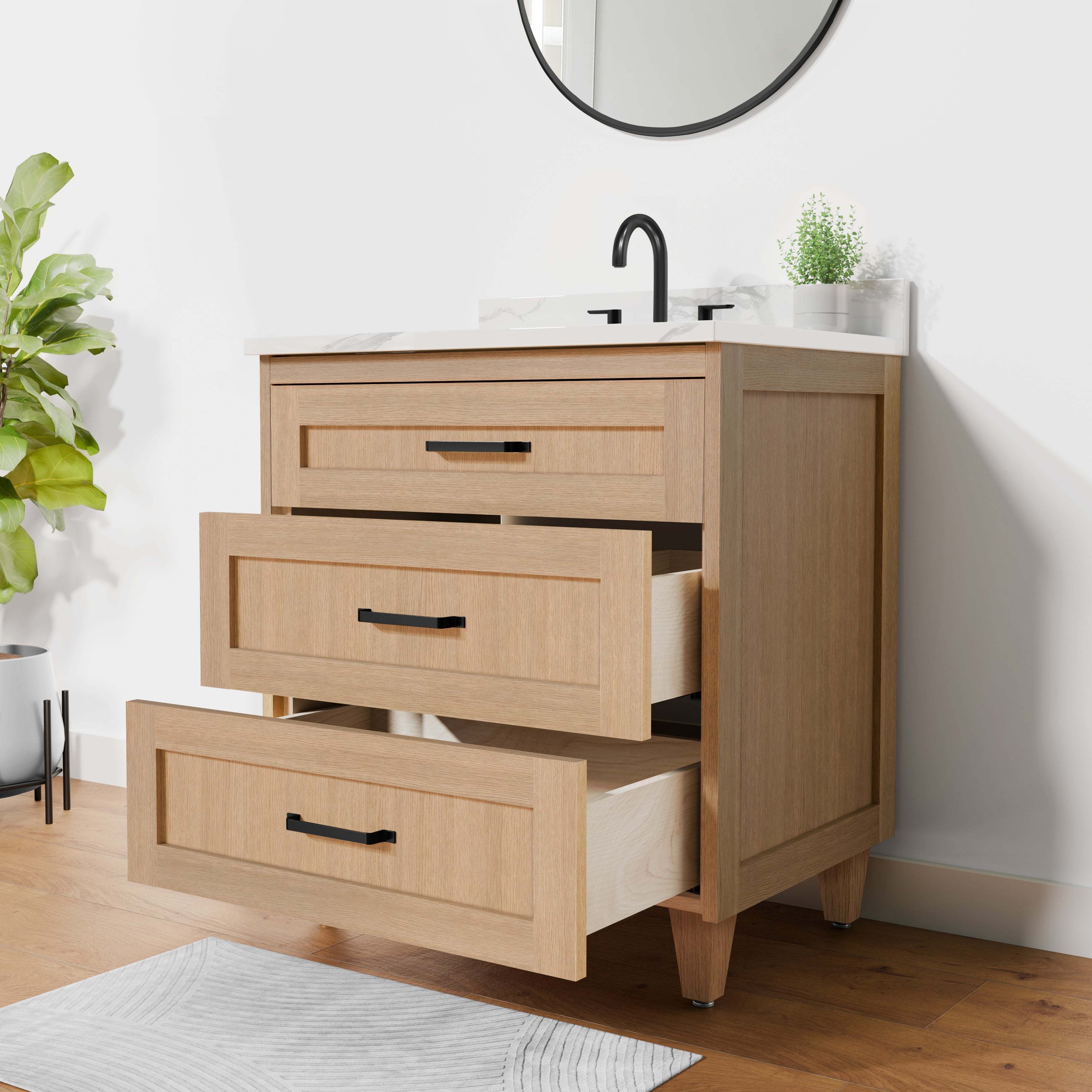 Arlo 30" Solid Wood Vanity with Quartz Countertop - 3 Drawers
