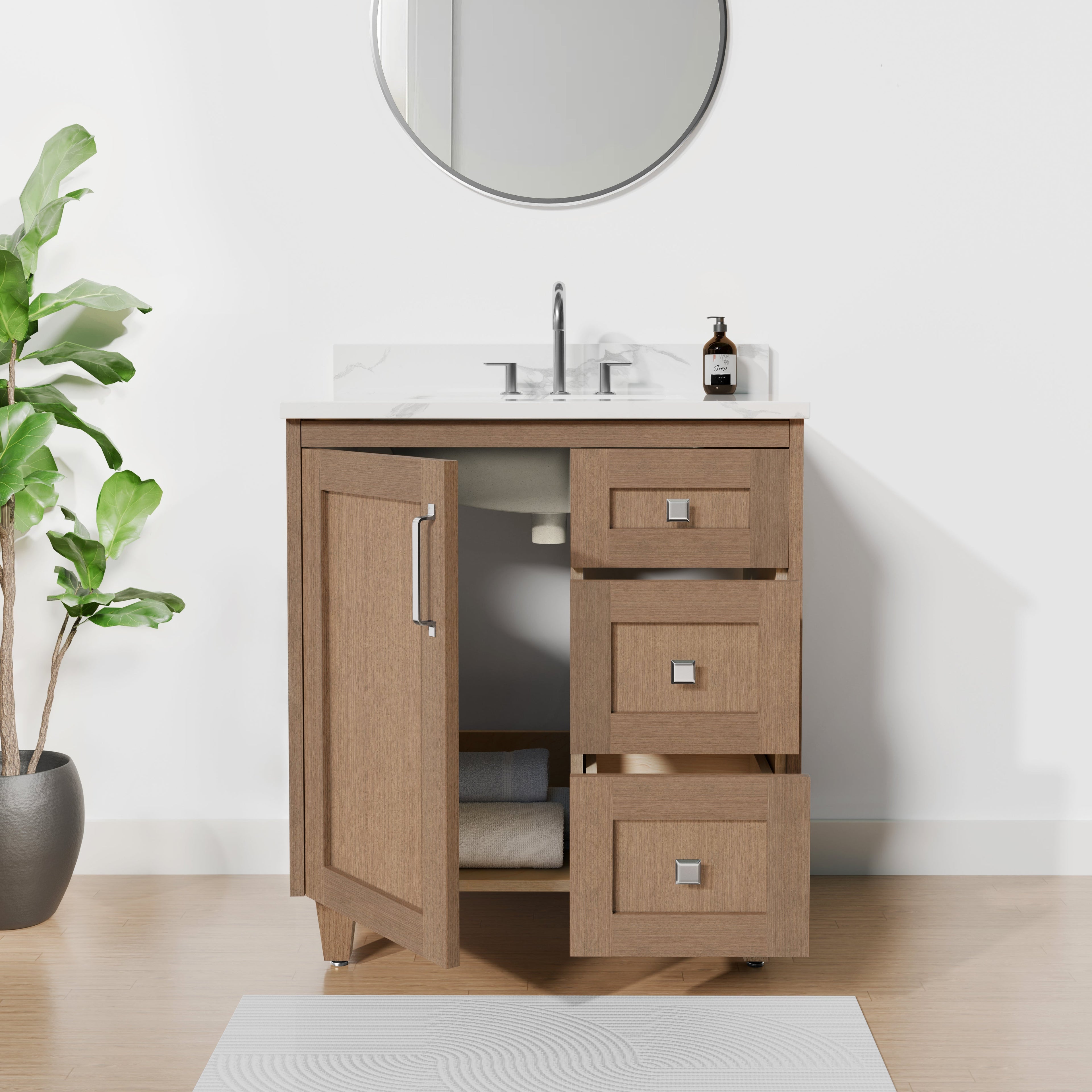 Arlo 30" Solid-Wood Vanity with Quartz Countertop - 1 Door and 3 Drawers