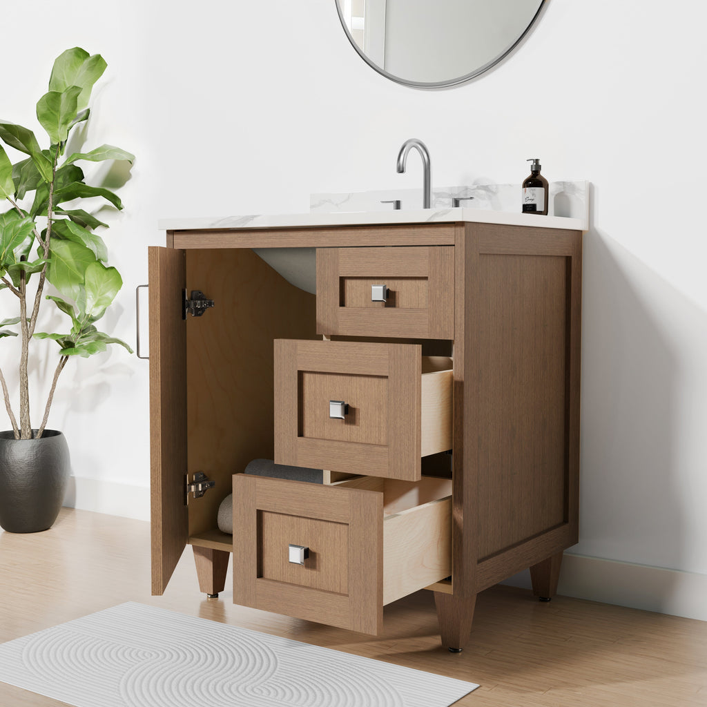 Arlo 30" Solid-Wood Vanity with Quartz Countertop - 1 Door and 3 Drawers