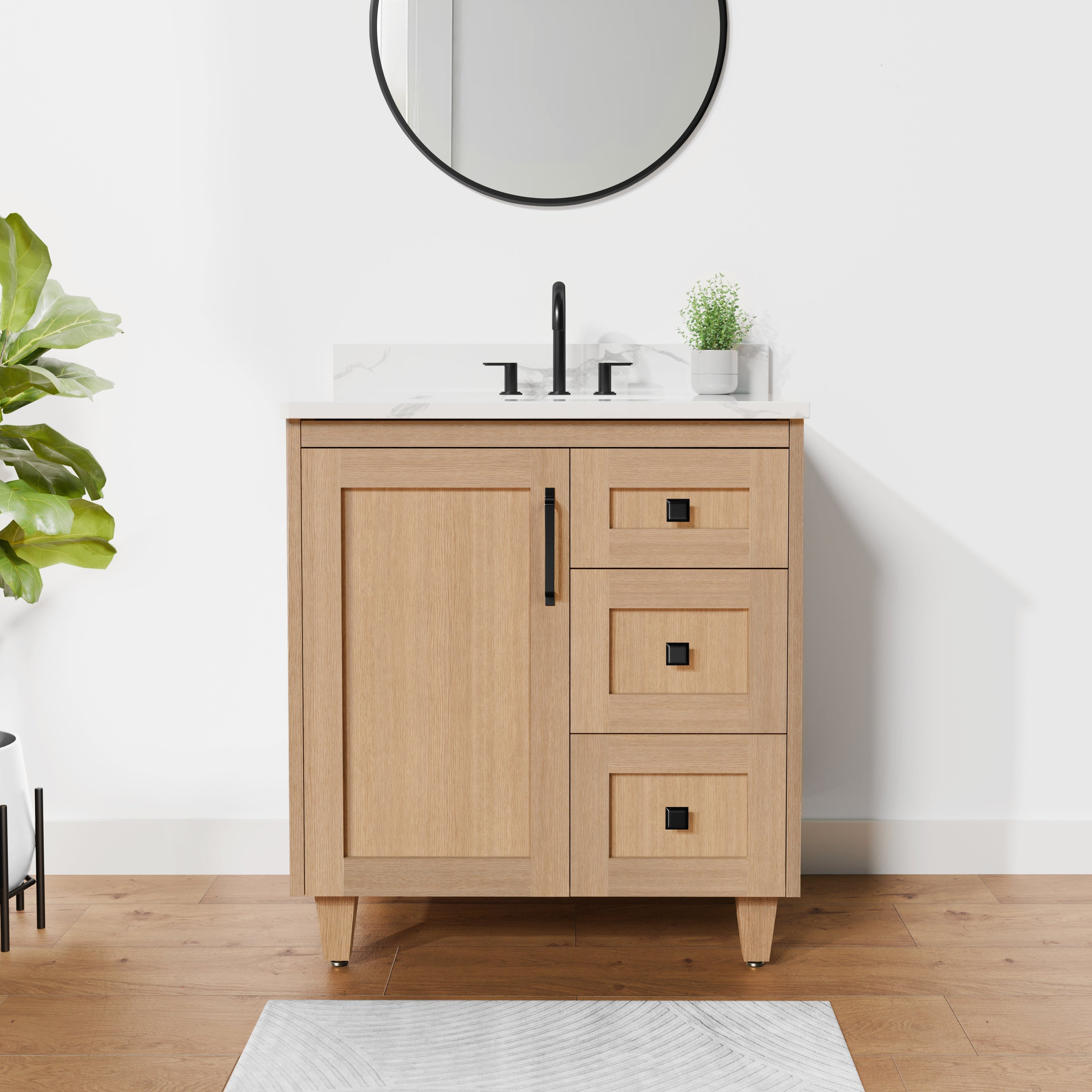Arlo 30" Solid-Wood Vanity with Quartz Countertop - 1 Door and 3 Drawers