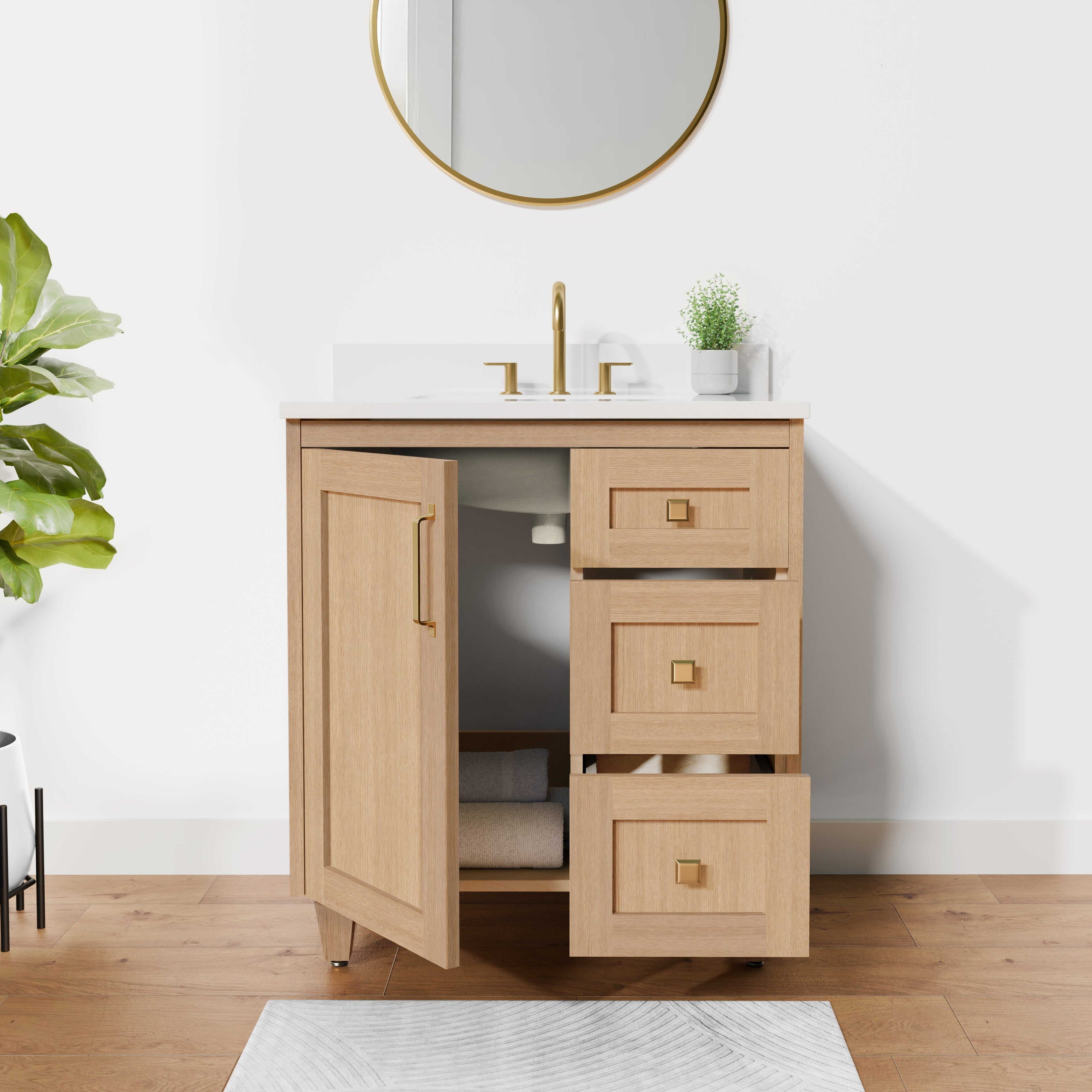 Arlo 30" Solid-Wood Vanity with Quartz Countertop - 1 Door and 3 Drawers