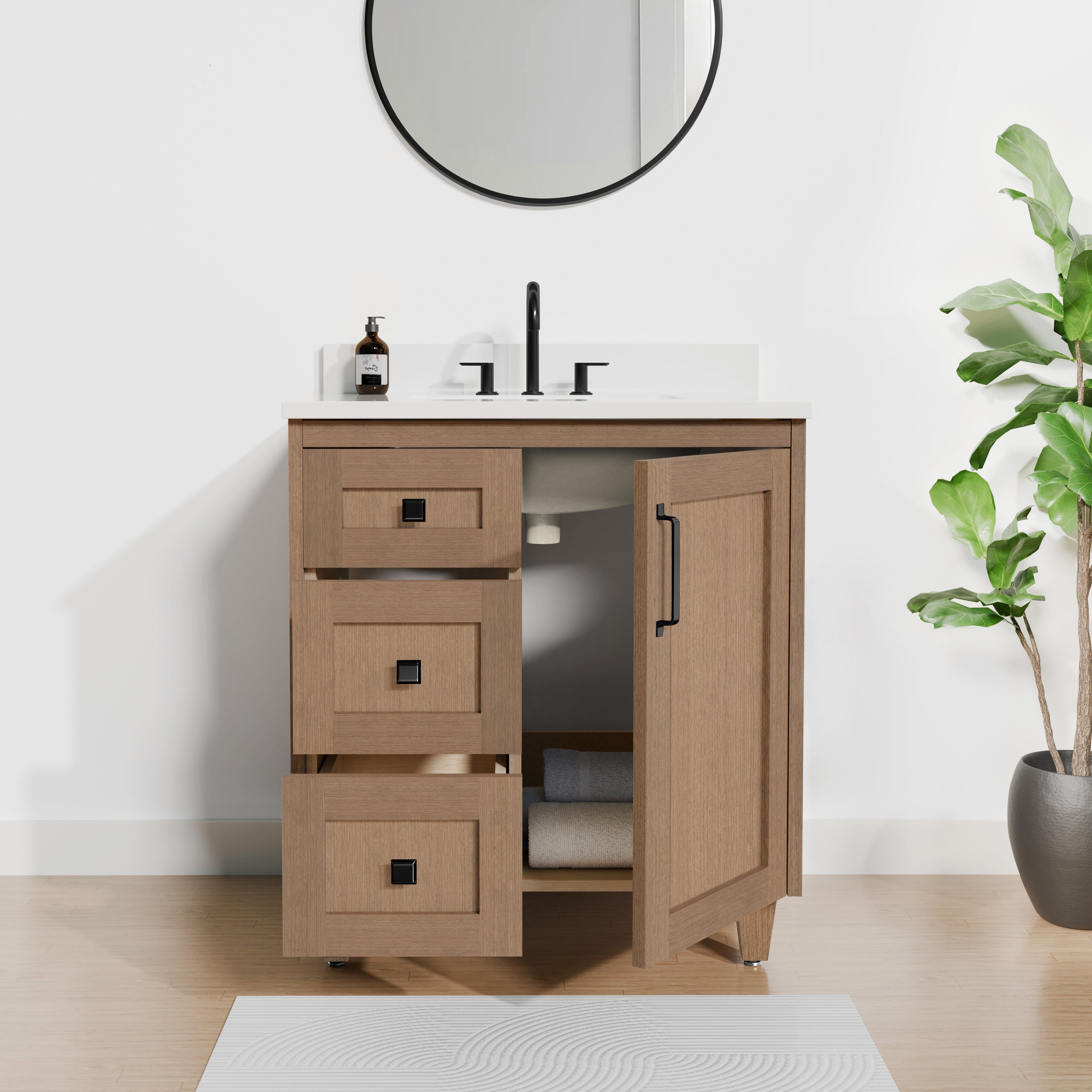 Arlo 30" Solid-Wood Vanity with Quartz Countertop - 1 Door and 3 Drawers