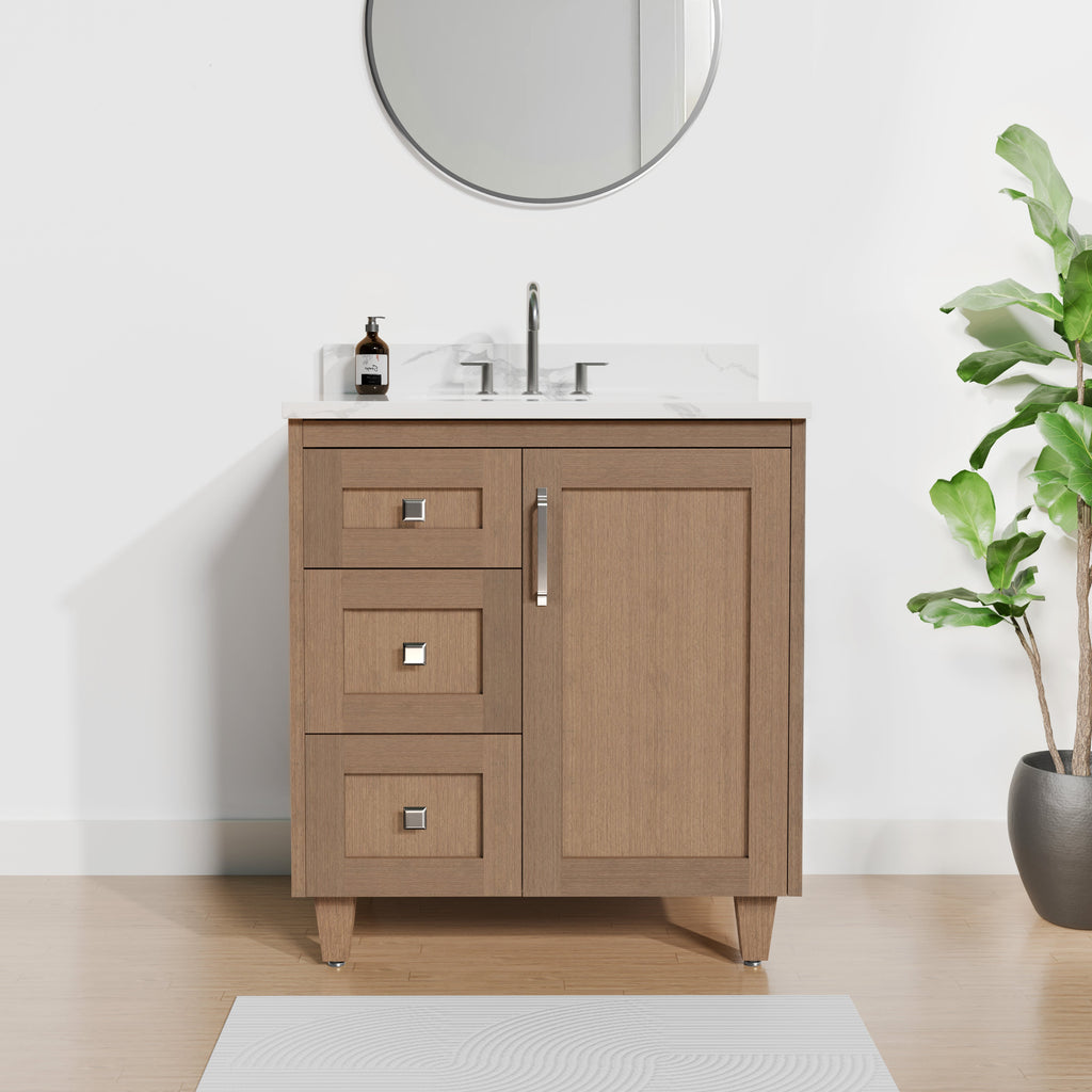 Arlo 30" Solid-Wood Vanity with Quartz Countertop - 1 Door and 3 Drawers