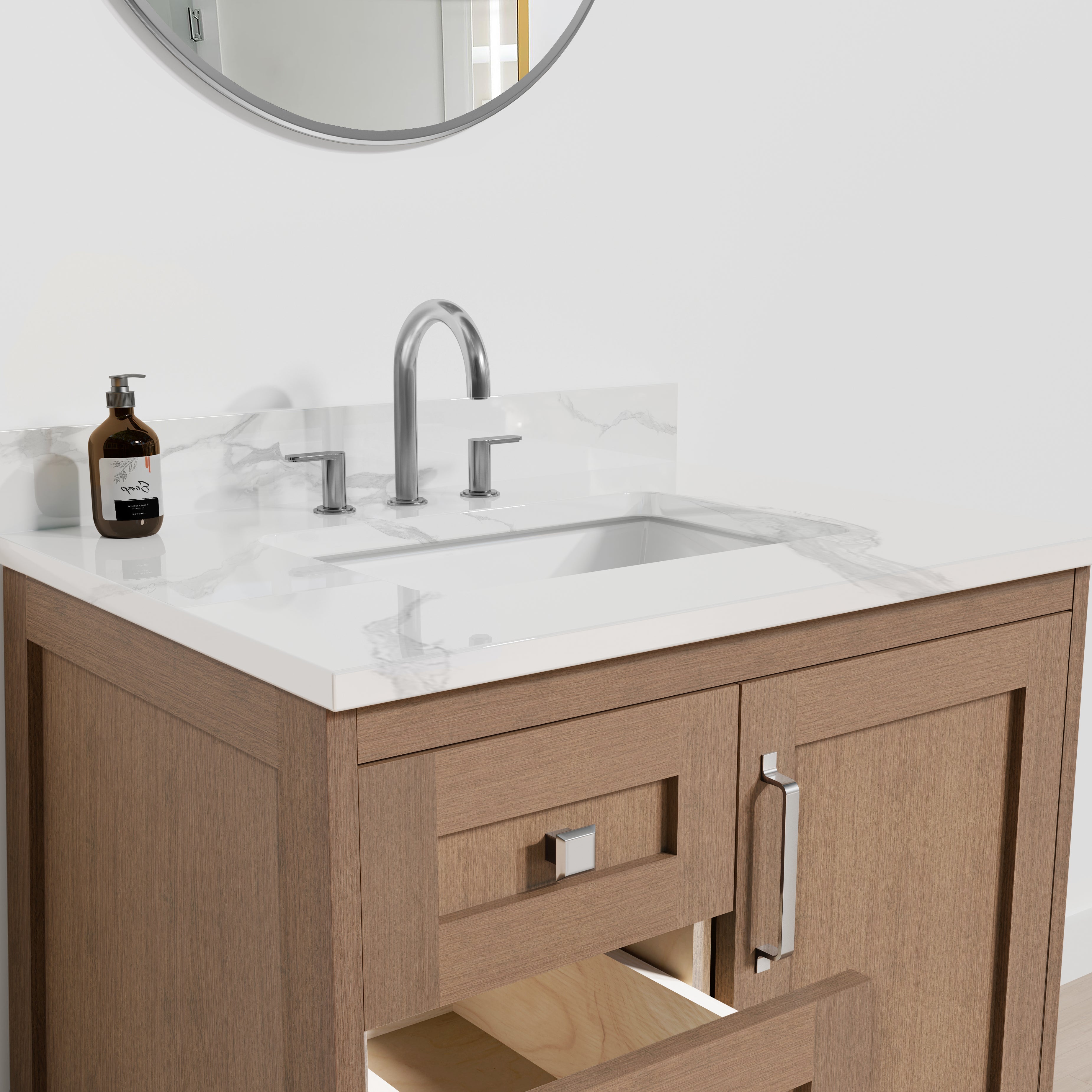 Arlo 30" Solid-Wood Vanity with Quartz Countertop - 1 Door and 3 Drawers