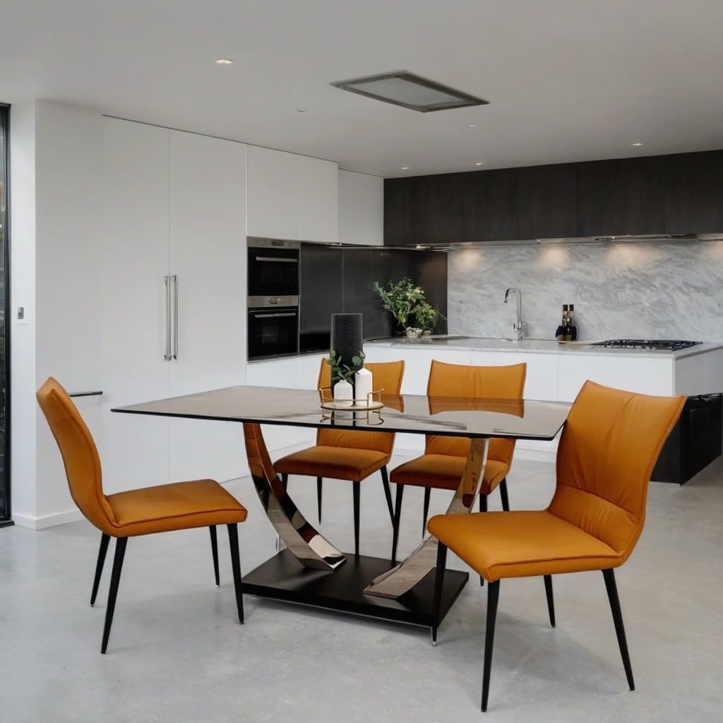 1.6m Dining Table and Chairs Set for 4 – Chrome Sintered Stone Table with 4 Flora Ruched Dining Chairs in Grey or Tan