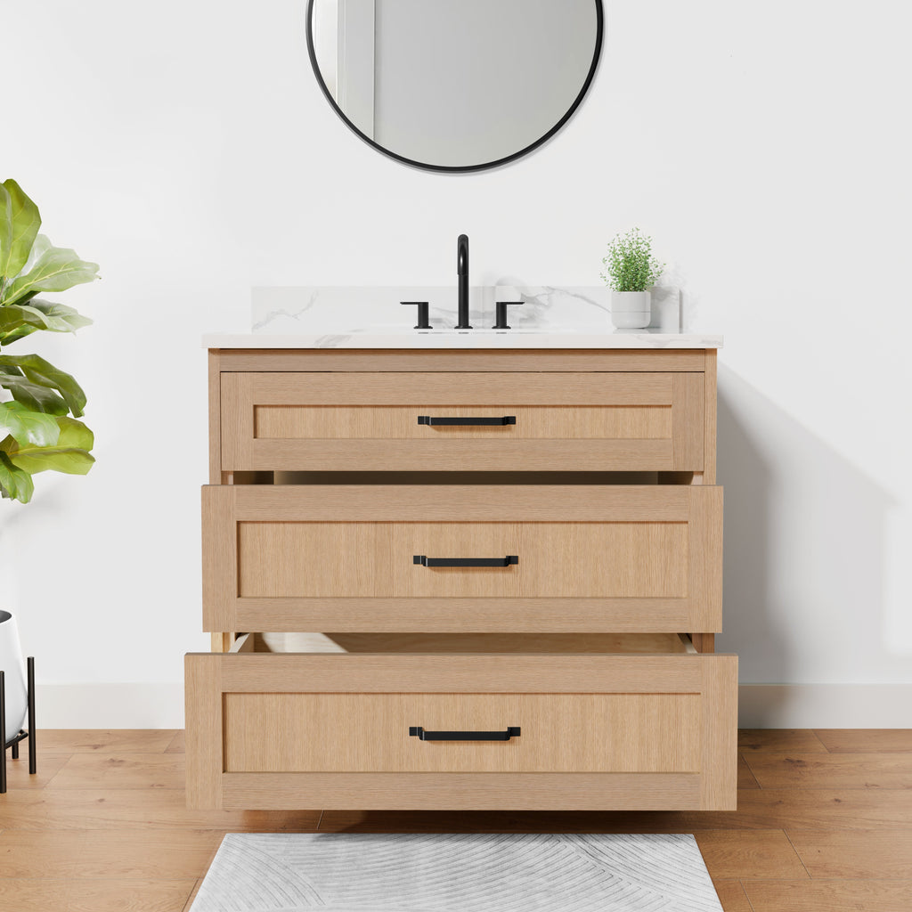 Arlo 36" Solid-Wood Vanity with Quartz Countertop - 3 Drawers