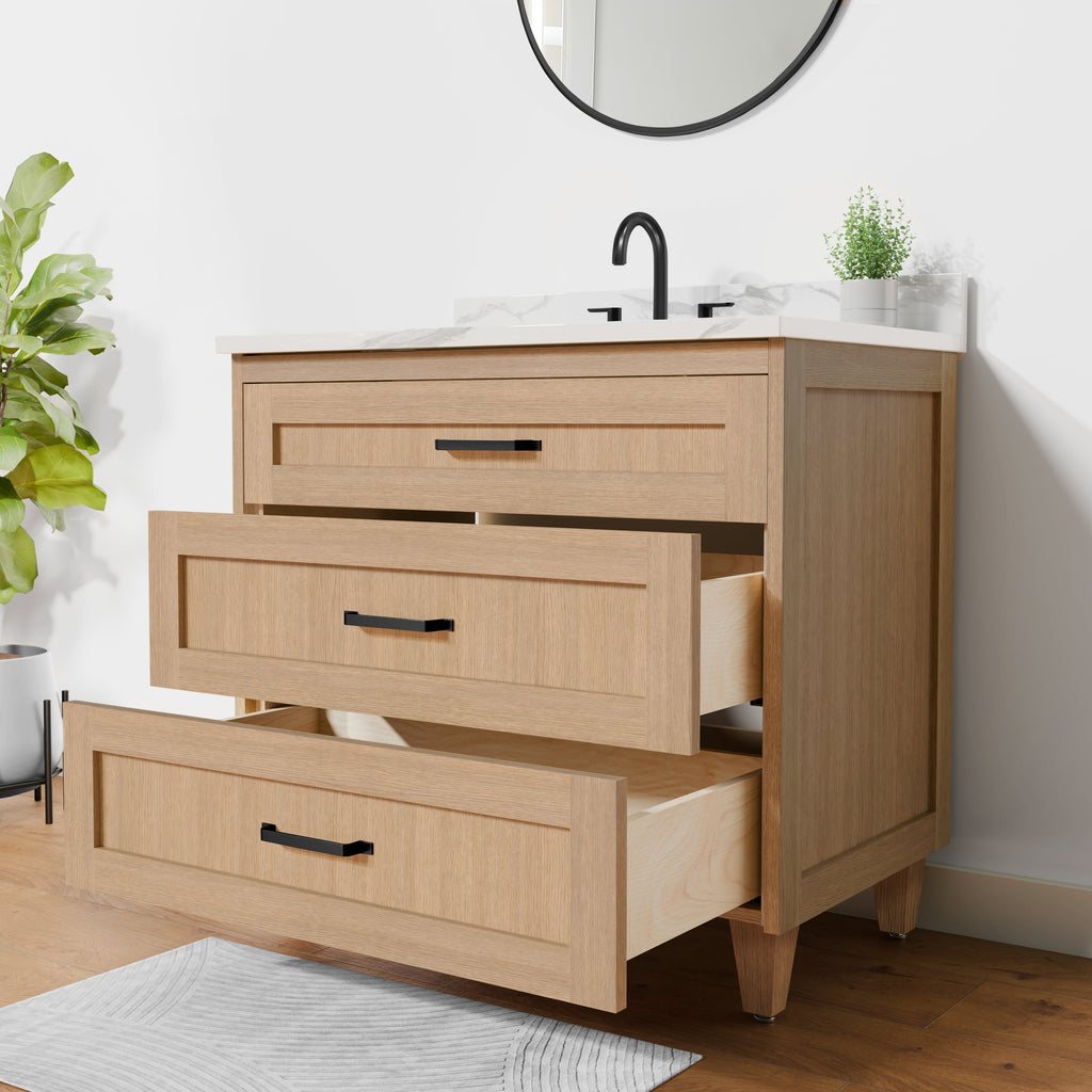 Arlo 36" Solid-Wood Vanity with Quartz Countertop - 3 Drawers